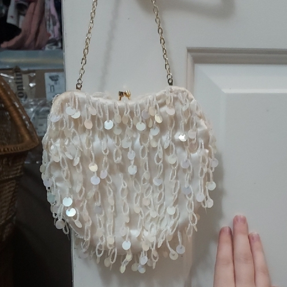 Elegant Cream Sequin Beaded Women's Bag